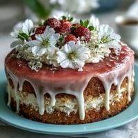 A stunning floral drip cake with layers of vanilla sponge and fresh strawberry frosting, crowned with edible flowers for a spring celebration.