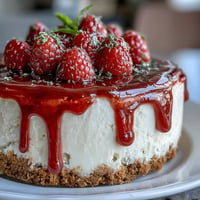 Mother's Day No-Bake Cheesecake with vibrant raspberry coulis, a creamy dessert.