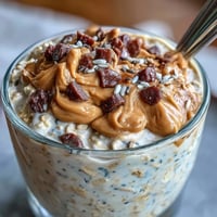 Creamy Protein Cookie Dough Overnight Oats topped with chocolate chips and nuts.