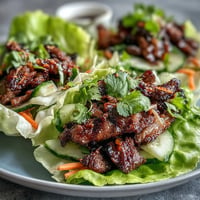 Crisp lettuce wraps overflow with savory Korean BBQ beef and vibrant, spicy kimchi.